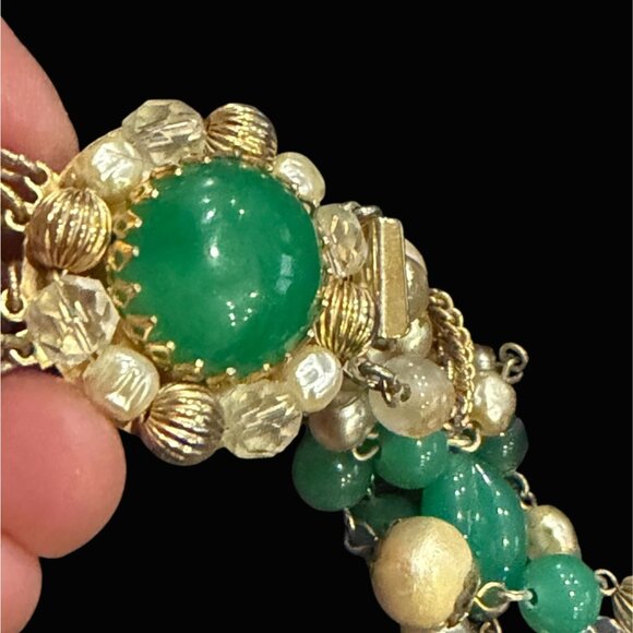 1950s Weiss-style Multi Strand Faux Jade Cotton Pearl Crystal Bead Bib Necklace - Picture 7 of 7